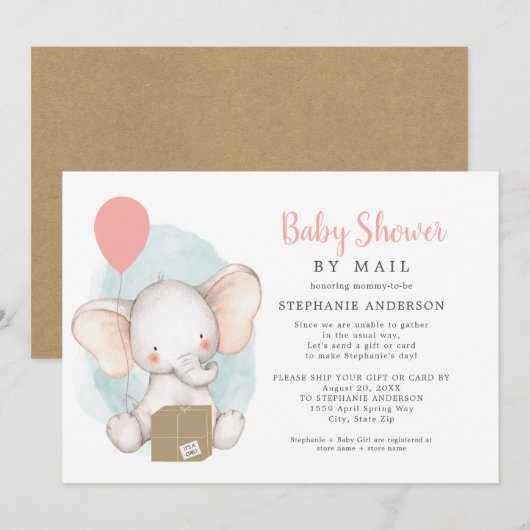 Invitation Eléphant Girl Baby shower par la poste (Devant / Derrière)