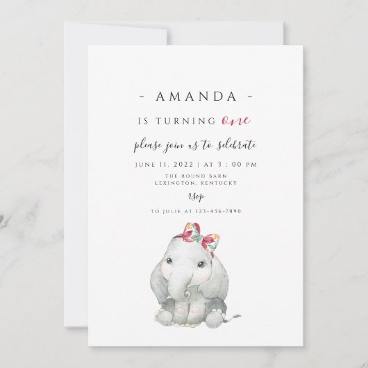 Invitation Elephant Girl First Birthday, éléphant tournant un (Devant)