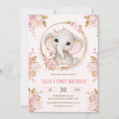 Invitation Elephant Girl rose Floral 1er anniversaire Invitat (Devant)