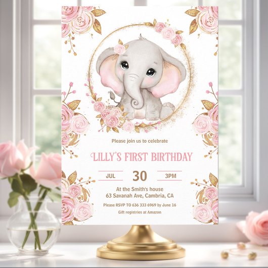 Invitation Elephant Girl rose Floral 1er anniversaire Invitat