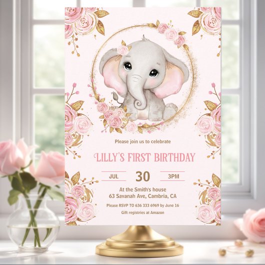 Invitation Elephant Girl rose Floral 1er anniversaire Invitat