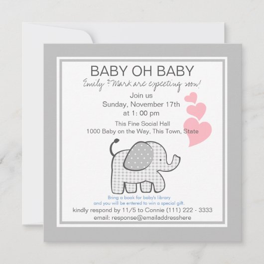 Invitation Elephant Grey En vichy Baby shower (Devant)
