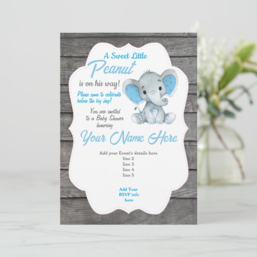 Invitation éléphant gris bleu modifiable (Debout devant)