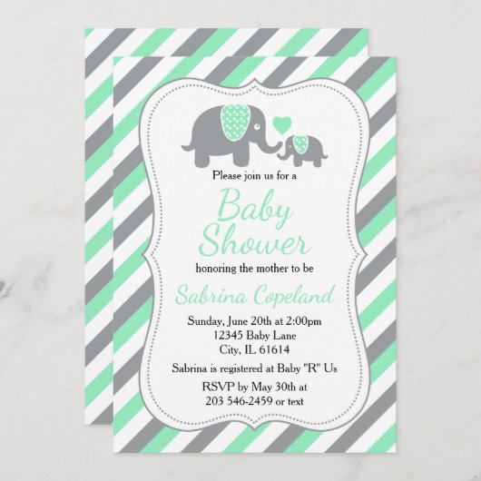 Invitation Éléphant Gris et Vert Menthe 🐘 | Baby Shower (Devant / Derrière)