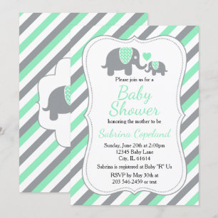Invitation Éléphant Gris et Vert Menthe 🐘 Baby Shower