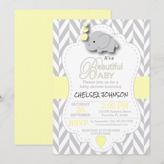 Invitation Eléphant gris jaune, blanc 🐘 Baby shower (Devant / Derrière)
