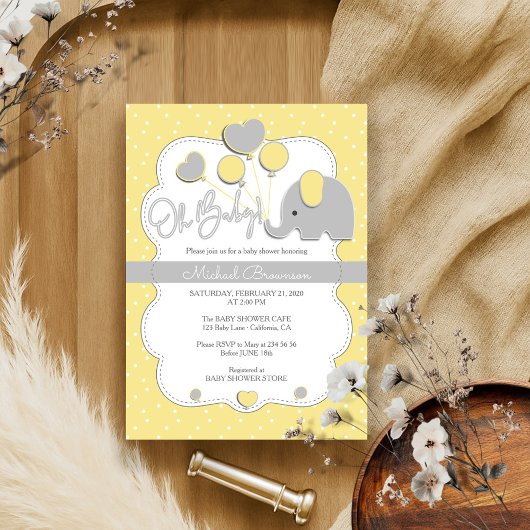 Invitation Eléphant gris jaune Oh Baby shower