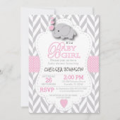 Invitation Eléphant gris rose, blanc 🐘 Baby shower (Devant)