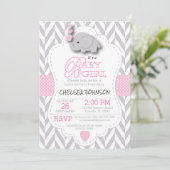Invitation Eléphant gris rose, blanc 🐘 Baby shower (Debout devant)
