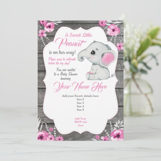 Invitation Éléphant Gris Rose Modifiable Rose (Debout devant)