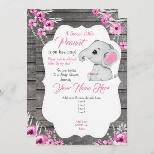 Invitation éléphant gris rose modifiable rose (Devant / Derrière)