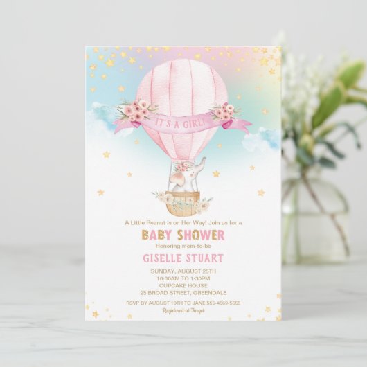 Invitation Elephant Hot Air Balloon Baby shower fille (Debout devant)