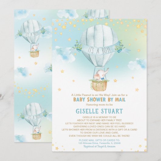 Invitation Elephant Hot Air Balloon Baby shower par Mail Boy (Devant / Derrière)