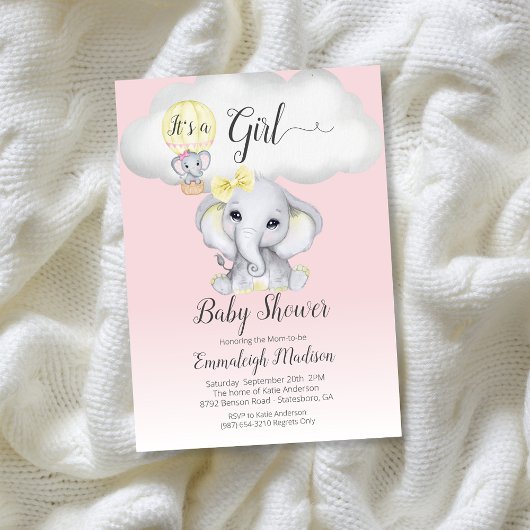Invitation Elephant Hot Air Balloon Girl Baby shower | Rose I