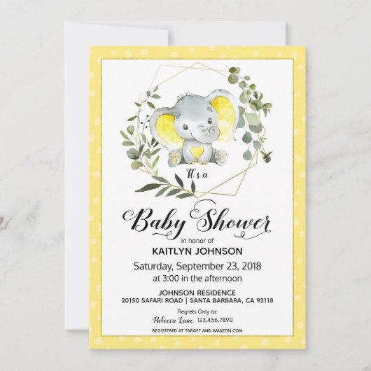 Invitation Eléphant jaune Baby shower moderne (Devant)