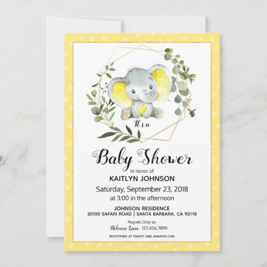 Invitation Eléphant jaune Baby shower moderne (Devant)