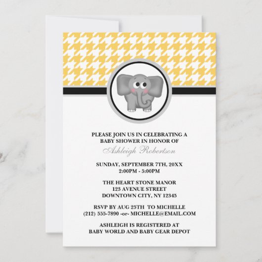 Invitation Eléphant Jaune & Blanc Baby shower Houndstooth (Devant)