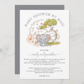 Invitation Elephant Jungle Foliage Gris Baby shower par courr (Devant / Derrière)