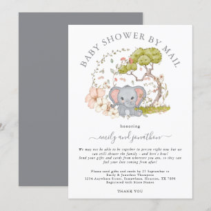 Invitation Elephant Jungle Foliage Gris Baby shower par courr