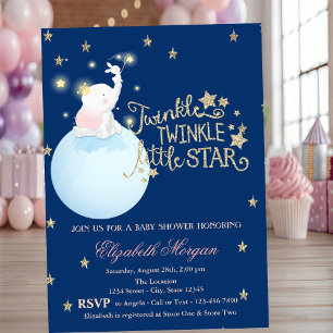Invitation Éléphant, Lune, Étoiles BrillantesBleu Marine Bab