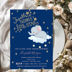 Invitation Éléphant,Lune,Étoiles BrillantesFête Bébé Fait Dod