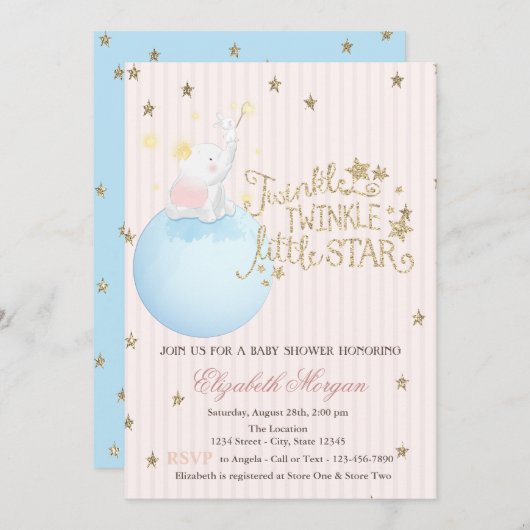 Invitation Eléphant, Lune, Étoiles de Parties scintillant Bab (Devant / Derrière)