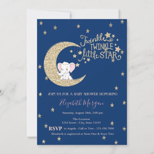 Invitation Eléphant, Lune, Parties scintillant Twinkle Star B (Devant)