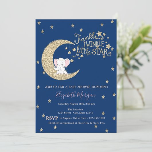 Invitation Eléphant, Lune, Parties scintillant Twinkle Star B (Debout devant)