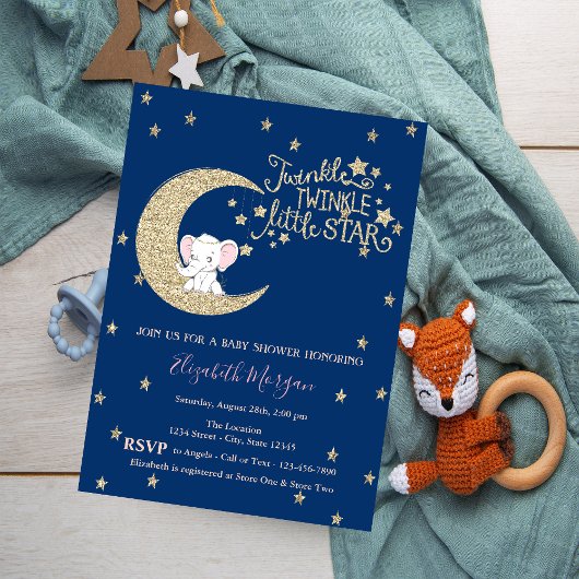 Invitation Eléphant, Lune, Parties scintillant Twinkle Star B