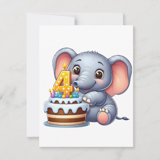 Invitation Éléphant Mignon 4ème Anniversaire (Devant)