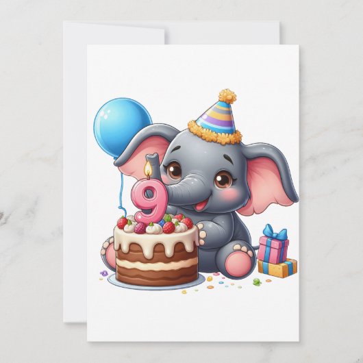 Invitation Éléphant Mignon 9ème Anniversaire (Devant)