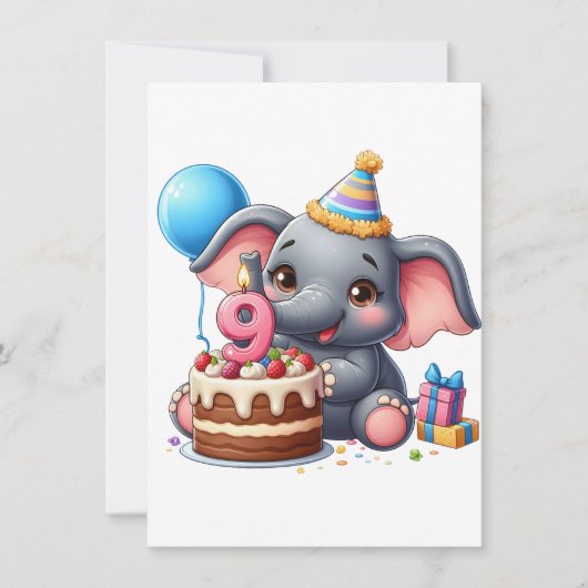 Invitation Éléphant Mignon 9ème Anniversaire (Devant)