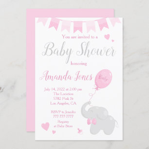 Invitation Eléphant mignon avec Baby shower de ballon fille