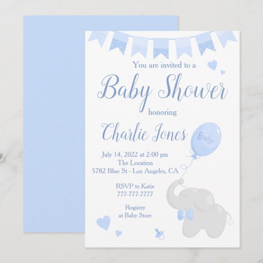 Invitation Eléphant mignon avec Baby shower de ballon garçon (Devant / Derrière)