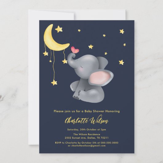 Invitation Eléphant mignon avec petit Baby shower papillon (Devant)