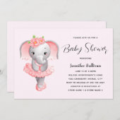Invitation Eléphant mignon Ballerina Baby shower rose et gris (Devant / Derrière)