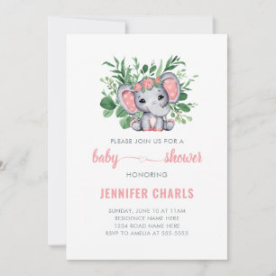 Invitation Éléphant Mignon Bébé Fille Verdure Blanche
