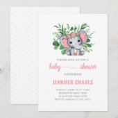 Invitation Éléphant Mignon Bébé Fille Verdure Blanche (Devant / Derrière)