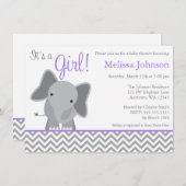 Invitation Eléphant mignon Chevron Baby shower violet (Devant / Derrière)