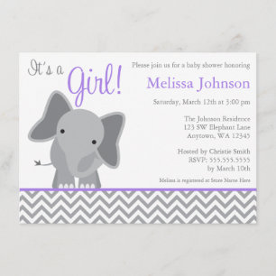 Invitation Eléphant mignon Chevron Baby shower violet