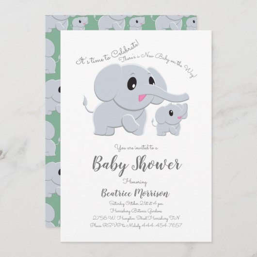 Invitation Eléphant mignon Douche Bébé Vert Genre Neutre (Devant / Derrière)