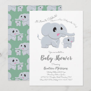 Invitation Eléphant mignon Douche Bébé Vert Genre Neutre