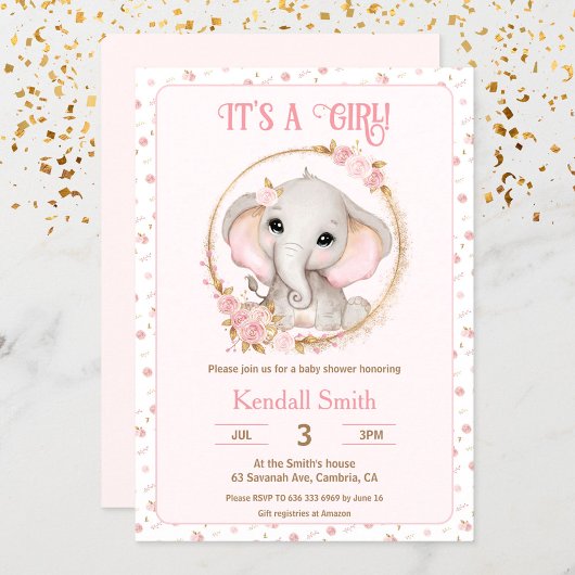 Invitation Eléphant mignon et fleurs Baby shower rose