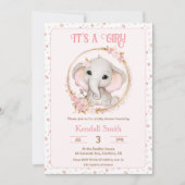 Invitation Eléphant mignon et fleurs Baby shower rose (Devant)