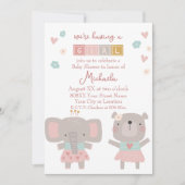 Invitation Eléphant mignon et ours Baby shower fille (Devant)