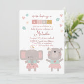 Invitation Eléphant mignon et ours Baby shower fille (Debout devant)