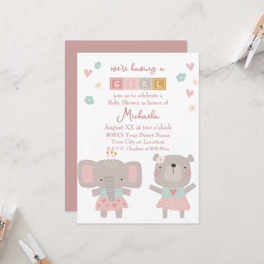 Invitation Eléphant mignon et ours Baby shower fille (Devant/Arrière en situation)