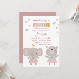 Invitation Eléphant mignon et ours Baby shower fille