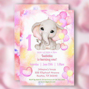 Invitation Eléphant mignon été fille colorée 1er anniversaire
