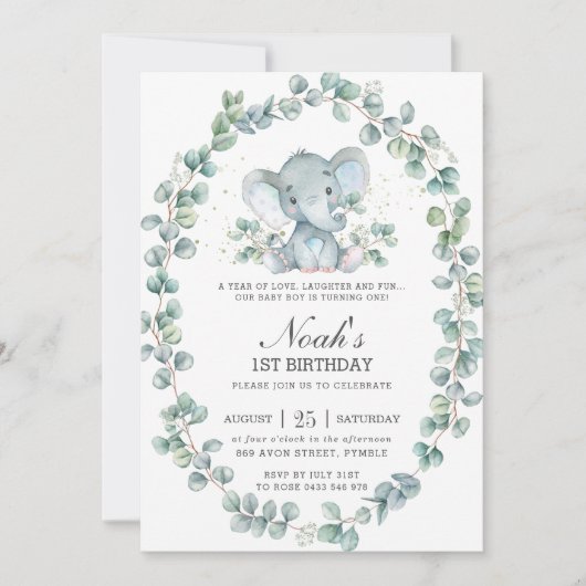 Invitation Eléphant mignon Eucalyptus Verdure Anniversaire Ga (Devant)